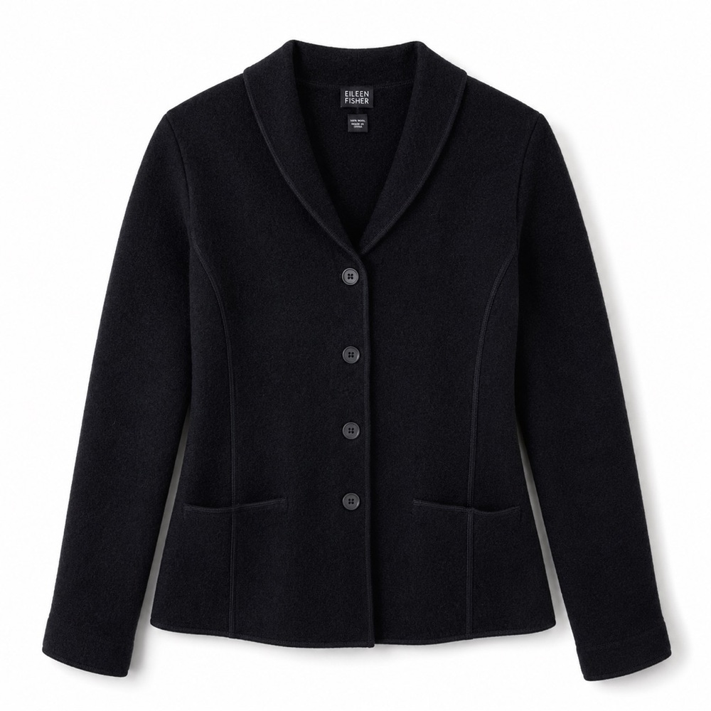 Eileen Fisher 100% Wool Shawl Collar Jacket Blazer Button Cardigan Black‎ Med - Picture 2 of 6